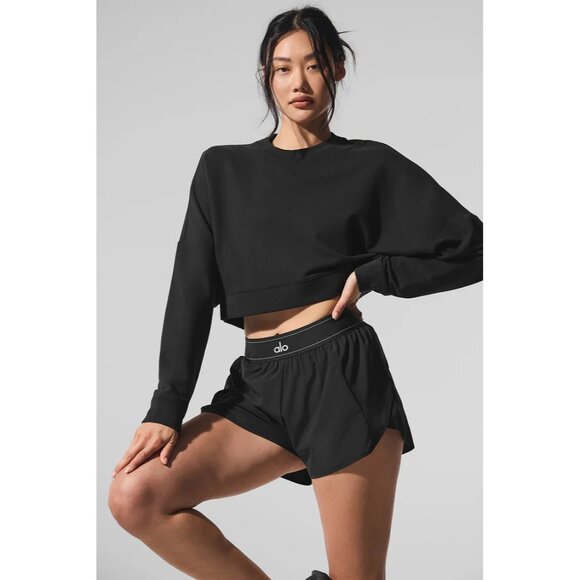 ALO Yoga Cropped Sway Crew Neck Pullover in Black - Picture 2 of 4